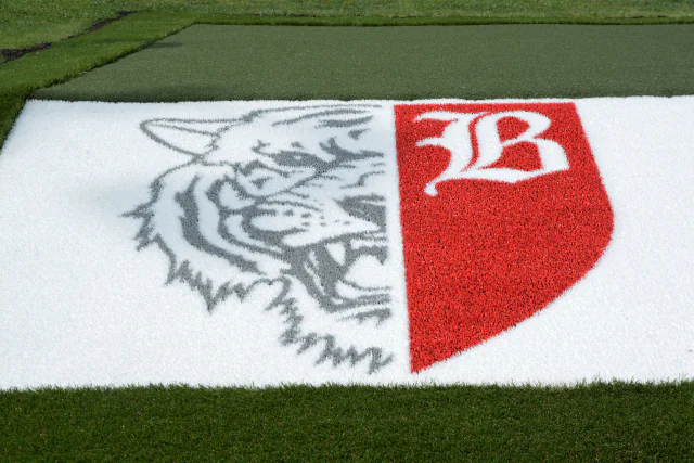 Customized logo on synthetic turf sports field